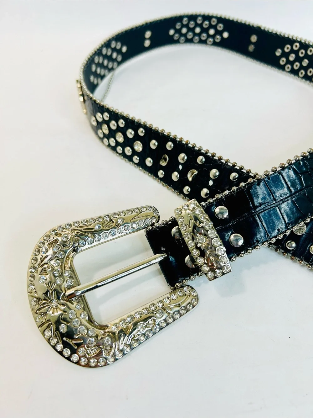 Western Black Leather Belt with Crystal Studded Rhinestones, Engraved Buckke